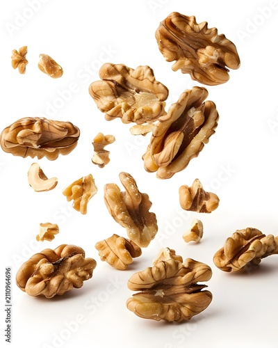 walnuts levitating healthy snack isolated on white background