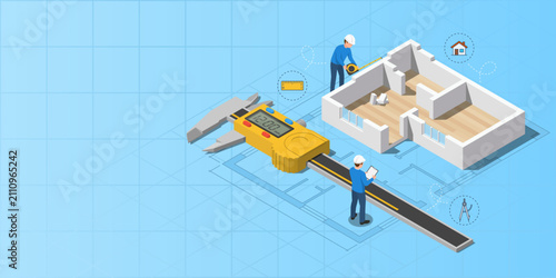 Isometric precision engineering concept: tiny architects working with digital caliper on 3D house layout model. Construction quality control and blueprint design background with copy space.