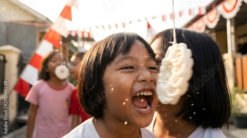 Girl competing in traditional Indonesian kerupuk eating contest