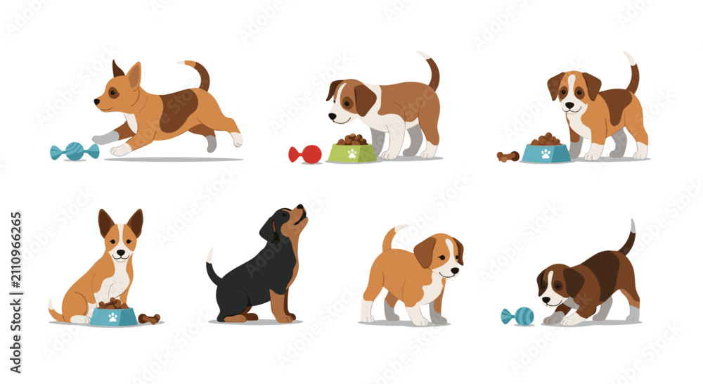 Obraz premium Set of cute playful puppies in various poses like running eating and jumping isolated on a clean white background.