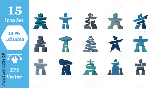 Inukshuk stone landmark icon set with inukshuk landmark monument sculpture