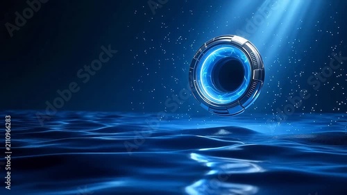Glowing metal ring in deep blue water