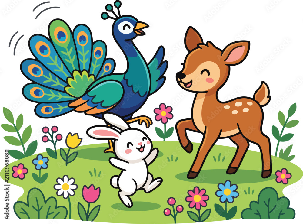 Fototapeta premium Happy Cartoon Peacock Fawn and Bunny Together in a Spring Flowery Meadow