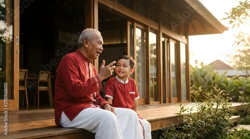 Grandfather and child sharing moment at sunset on balcony.