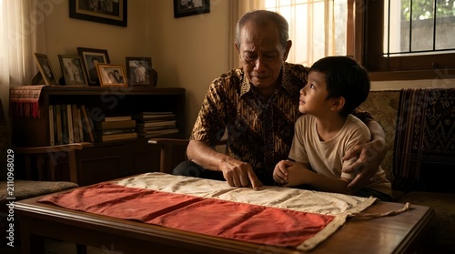 Grandfather and grandson bond over traditional red white cloth