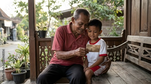 Grandfather and grandson looking at family photos on porch.