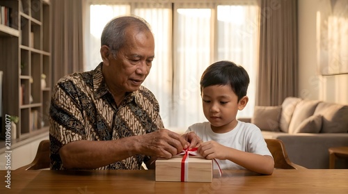 Grandfather and grandson preparing gift in batik shirts.