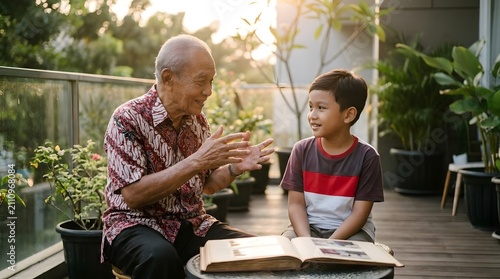 Grandfather and grandson looking at photo album outdoors.