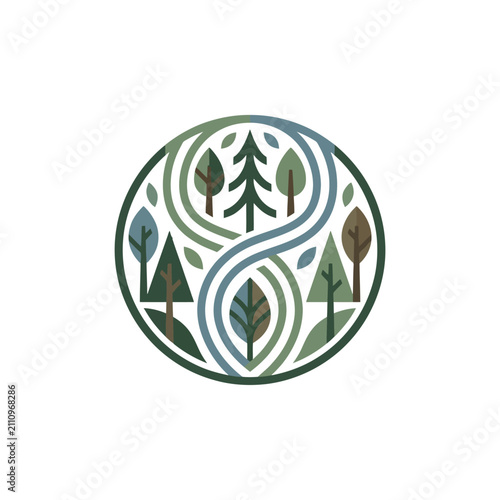 Geometric forest and path circular landscape emblem.