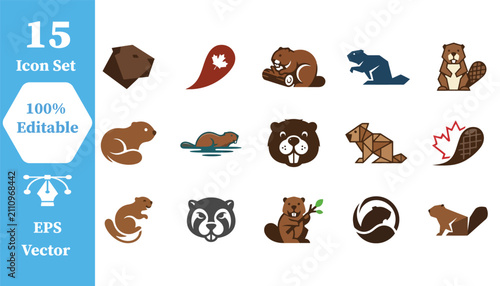Set of 15 beaver wildlife animal icons with wildlife creature illustration