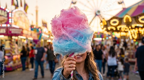 Georgia State Fair, Close-up of a massive, fluffy pink and blue cotton candy cone held against a blurred background of carnival lights