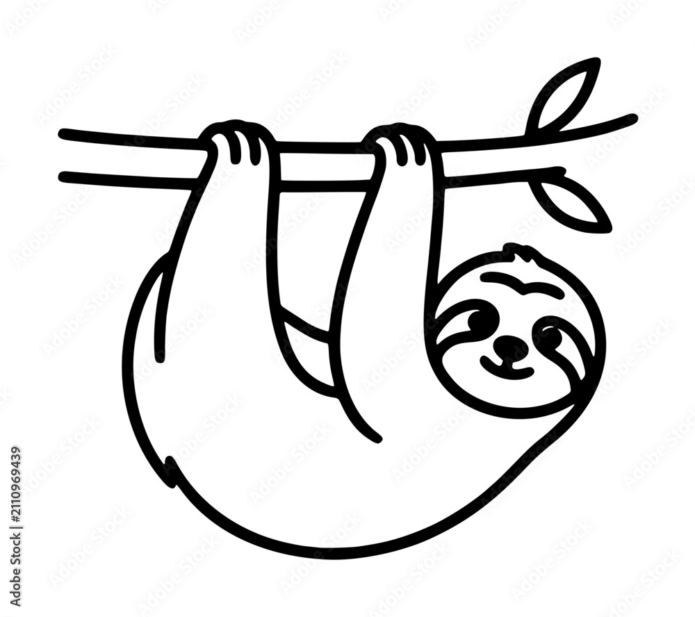 Obraz premium Cute sloth hanging from branch vector icon with minimalist line art design for scalable graphics and illustrations