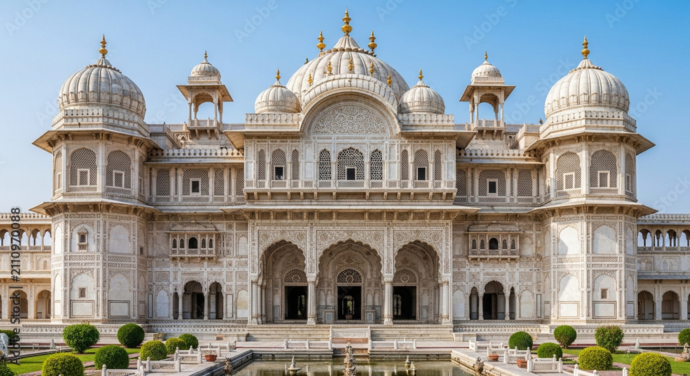 Fototapeta premium Ornate White Marble Palace, India, Architecture, Summer Day, Blue Sky