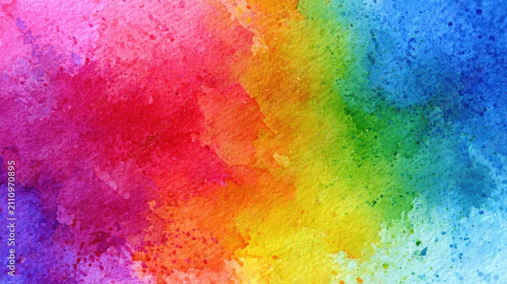 Fototapeta premium Vibrant rainbow watercolor splatter background with textured paper