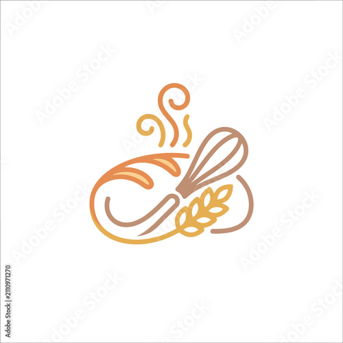 Line art bakery logo with bread and whisk