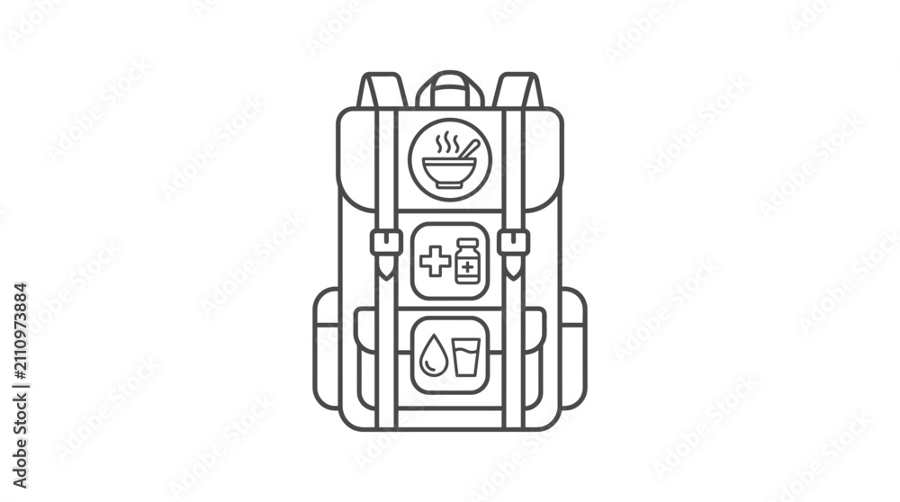 Naklejka premium Emergency survival backpack with food medicine and water icons line art illustration