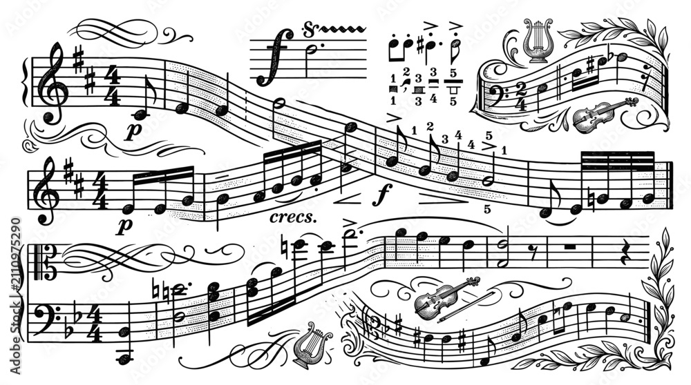 Fototapeta premium Elegant musical notes dancing around a treble clef symbol on a clean background