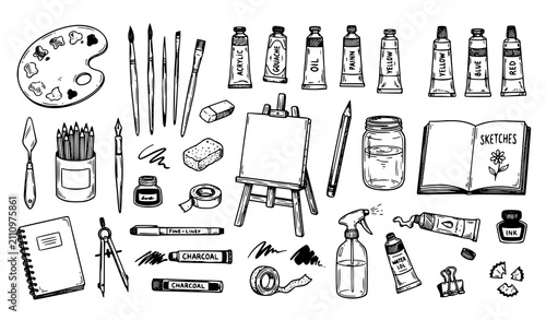 Hand drawn art tools doodle vector set with sketchy black ink artist painting and creativity linear elements