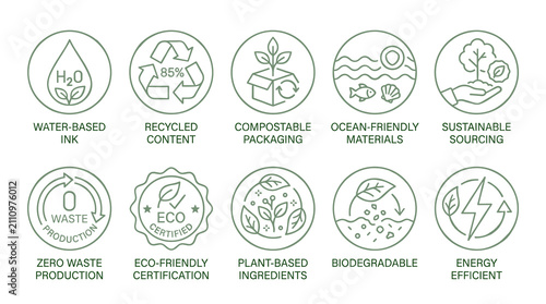 Green vector set with water-based ink and recycled content symbols