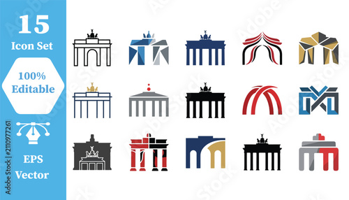 Set of brandenburg gate landmark icons in diverse styles with brandenburg