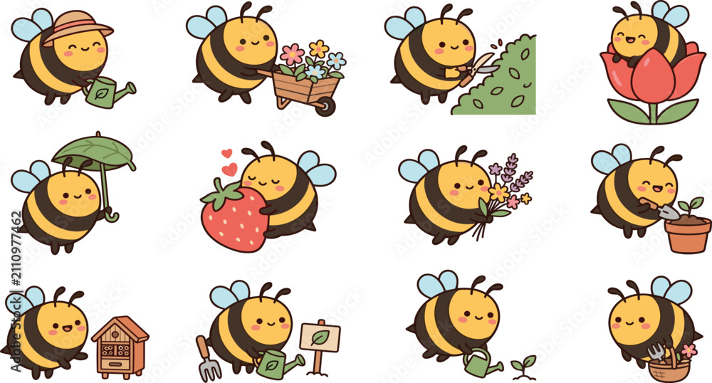 Obraz premium Cute Honey Bee Garden Cartoon Character Set with Funny Insect Activities, Strawberry, Watering Can, Flowerpot, and Wheelbarrow Sticker Designs