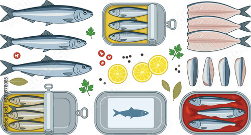 Sardine Seafood Processing Collection with Fresh Fish Canned Fillets Lemon Slices and Preserved Seafood Packaging Elements for Culinary Vector Illustration
