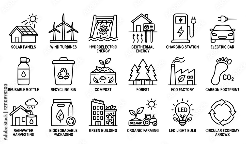 Fototapeta premium Minimal Eco Energy and Sustainability Outline Icon Collection Vector
