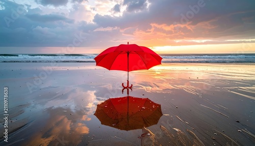 Red Umbrella Reflecting on Wet Beach Sand at Sunset.