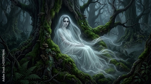 A ghostly woman in a white dress sitting in a dark forest for a happy halloween theme