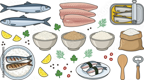 Sardine Cooking and Seafood Ingredient Collection with Fresh Fish Fillets Canned Sardines Rice Sushi and Culinary Preparation Vector Illustration