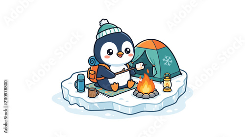 Cute Penguin Camping and Roasting Marshmallows by Tent