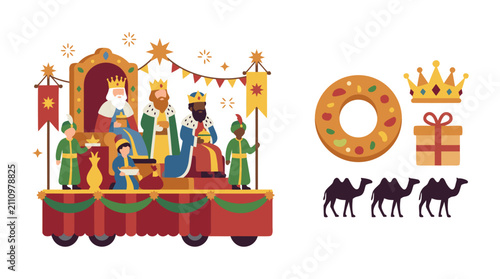 Foto Three Kings Day parade float cabalgata reyes parade, roscón cake ring, king crown gold, gift box wrapped, camel silhouette three