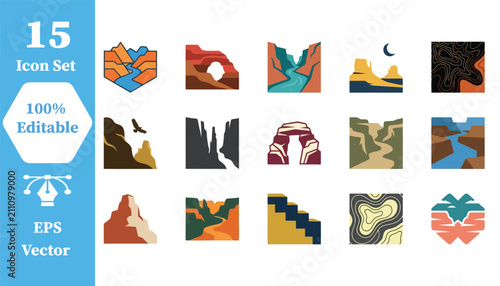Fotografie Icon set of 15 natural landscapes and canyons with landscapes, mountains