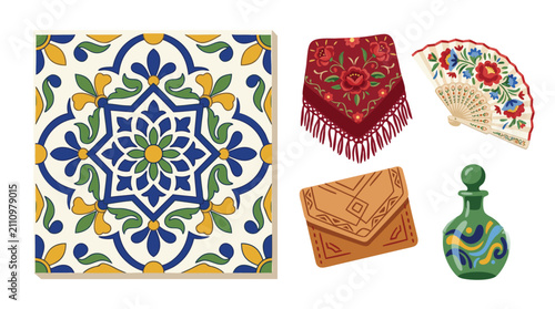 Foto Vibrant Spanish-Inspired Collection cerámica talavera tile, abanico fan painted, mantón de manila shawl, cuero leather work, vidrio la granja glass