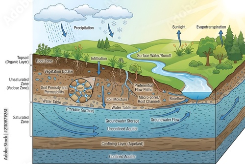 Hydrological Water Cycle Cross Section Diagram Showing Groundwater Flow Aquifer Water Table Infiltration and Evapotranspiration