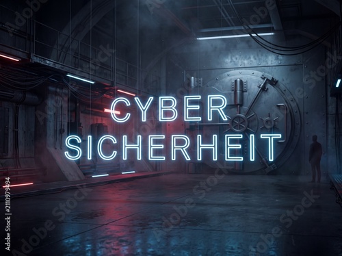 Leuchtender Neon-Schriftzug Cybersicherheit in einem dunklen Tresorraum mit massiver Metalltuer und Silhouette