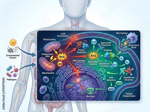 Cellular oxidative stress diagram showing reactive oxygen species generation, DNA damage, and antioxidant defense mechanism