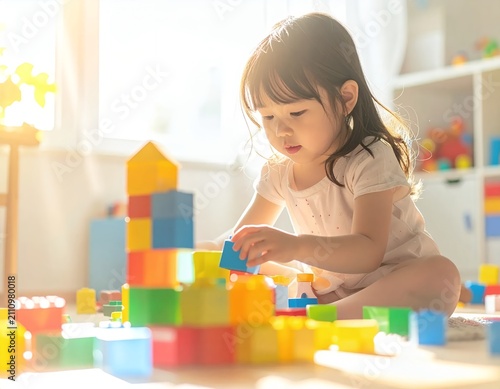 Young Girl Engaged in Play with Colorful Building Blocks.