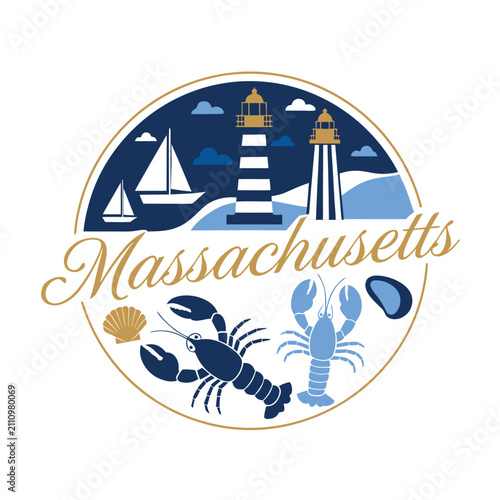 Massachusetts Coastal Logo with Iconic Lighthouses, Sailboats, Lobsters, and Shells. New England Maritime Travel & Culture Symbol