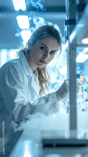 Young Female Scientist Working in a Modern Laboratory with Blue Lighting.