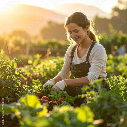 Young Woman Harvesting Fresh Vegetables in a Sunlit Organic Garden.