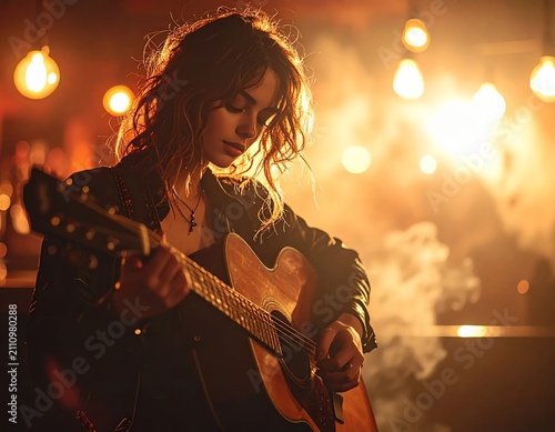 Young Woman Playing Guitar in Smoky Bar with Warm Lights.