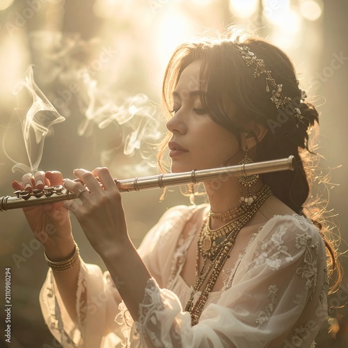 Young Woman Playing Flute in Sunlit Forest.
