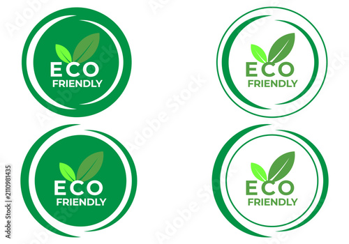 Eco friendly green badge set with natural leaves and circular frame.