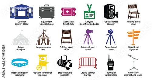 Collection of event related items including outdoor stage equipment transport case admission ticket lanyard identification badge public address speaker and folding chair with large marquee tent