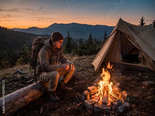 Man sitting by a campfire in the mountains at dusk with a tent nearby.