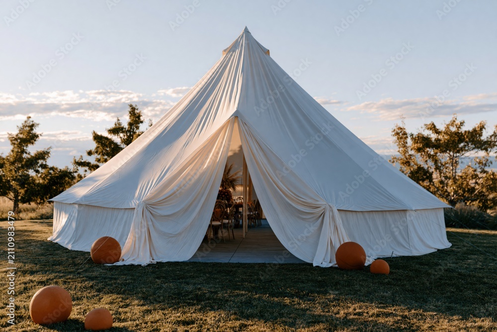 Obraz premium Large white bell tent with draped entrances for outdoor wedding or event background and boho reception setup with warm golden light for poster or wallpaper