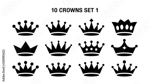 Set of ten different crown designs in black and white with crown design royal crown king crown queen crown illustration crown art monarchy