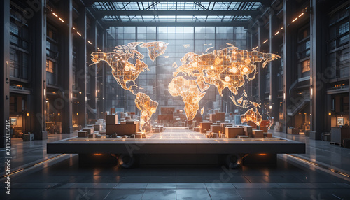 Glowing world map hologram in modern office. Digital global business data visualization.