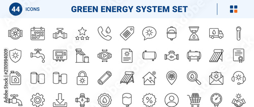 Solar water heater line icon set. Vector pictograms of thermal, hot, tank, and evacuated elements, thin linear illustration.